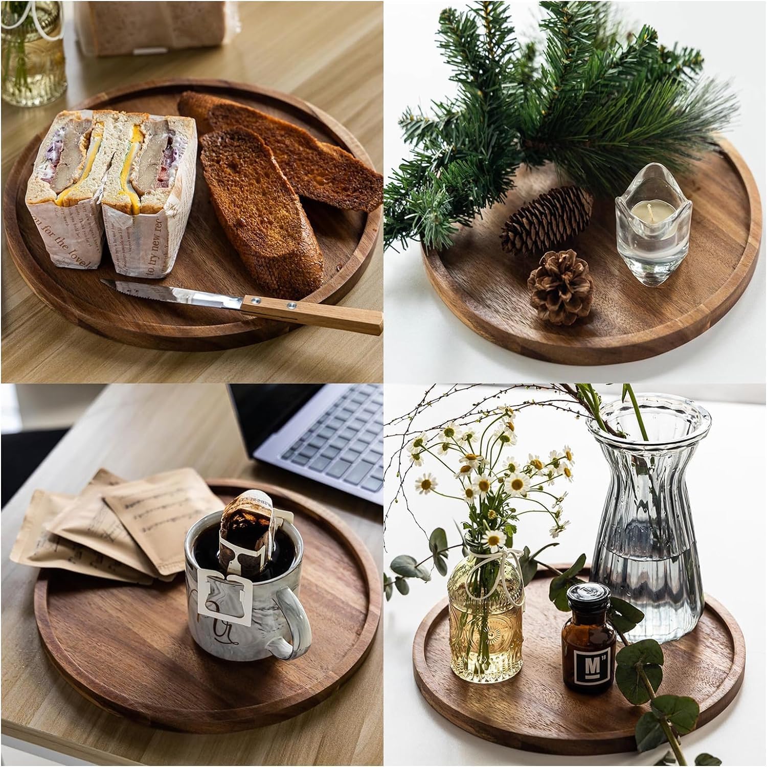 Shahaz Crafts Decorative Round Wooden Tray For Decor Beautiful Acacia Wood Plate Platter For Kitchen Dining Room Table The Perfe